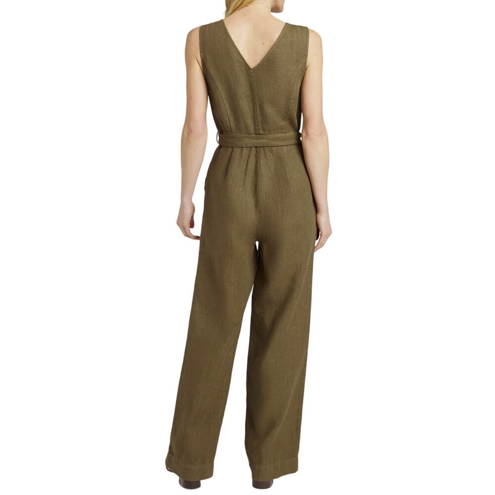 Faherty Alina 100% Linen Sleeveless Waist Tie V-Neck Pockets Button Jumpsuit - Picture 2 of 13